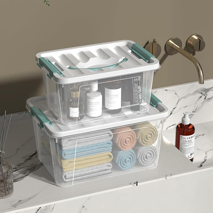2-packs Latch Storage Boxes with Handle 7 Quart &amp 14 Quart Clear plastic Container Tote