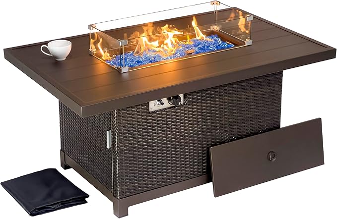 52 Inch Outdoor Fire Pit Table 50000 BTU Propane Fire Pits with Wind Guard and Fire Glass CSA Certified Patio Fire Table Rectangular Aluminum Rattan Fire Table for Outside Patio Backyard Brown