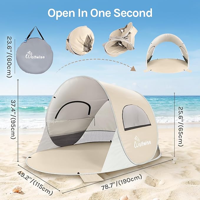 Wolfwise Pop up Beach Tent Sun Shelter with UPF50+ UV Protection Instant Easy Setup Popup Beach Shade Canopy for 2 Person Portable &amp Foldable with Carring Bag 79 ×49×38 in Beige