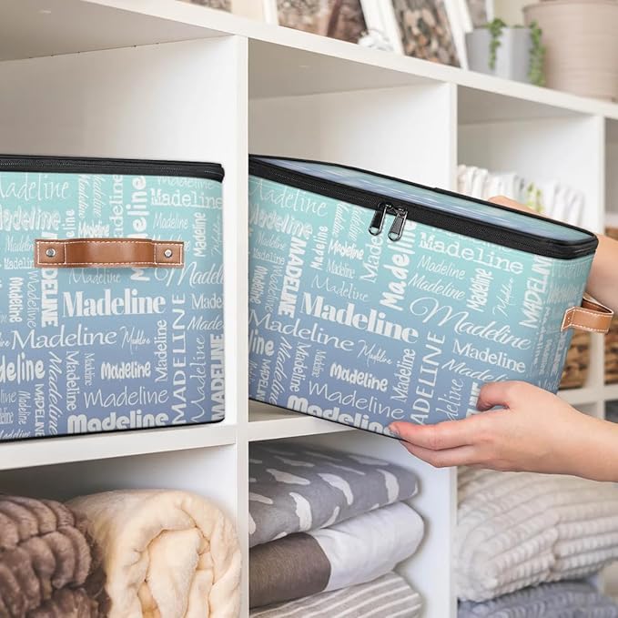 Custom Storage Basket with Name Personalized Keepsake Box with Zipper Lid Foldable Fabric Memory Bin Large capacity with Handle Green Blue Gradient