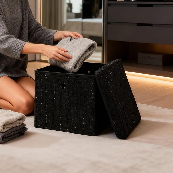 Chenille Fabric Storage Cubes with Lids Foldable Collapsible Storage Bins Sturdy Cube Organizers for Clothes Toys Blankets Bedroom Closet Shelf Home Organization
