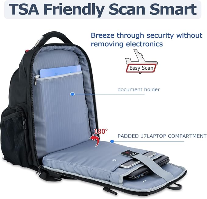 VANKEAN 17.3'' Travel Laptop Backpack TSA Friendly Water Resistant Anti Theft Extra Large College Backpacks with RFID Pockets USB Port for Men Women Business Work Bag Black