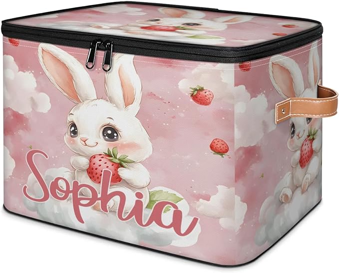 Custom Storage Basket with Name Personalized Storage Bins with Zipper Lid Foldable Fabric Storage Box Large capacity with Handle Clouds Rabbit Strawberry