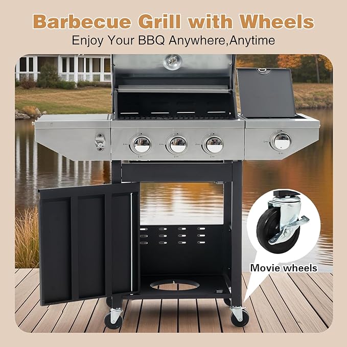 Endark 3-burner Propane Gas Grill | 37000 BTU Stainless Steel with Side-iFre Function | with Enameled Cast Iron GrateThermometer and Side Stand Wheels | Great for Patio and Garden Outdoor Cooking