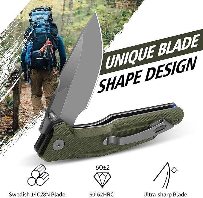 FINTISO Pocket Knife 3.26 Premium 14C28N Blade G10 Handle with Fire Starter Function Folding Knife with Pocket Clip for Men Women EDC Knife for Outdoor Camping Hunting Hiking Survival Falcon S