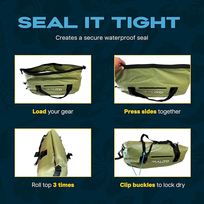 Malo’o Waterproof Dry Duffel Heavy-Duty Roll Top Waterproof Gear Bag with Shoulder Strap &amp Molle Loops Marine Duffel for Kayaking Boating Camping Beach &amp Travel Dark Green 40L