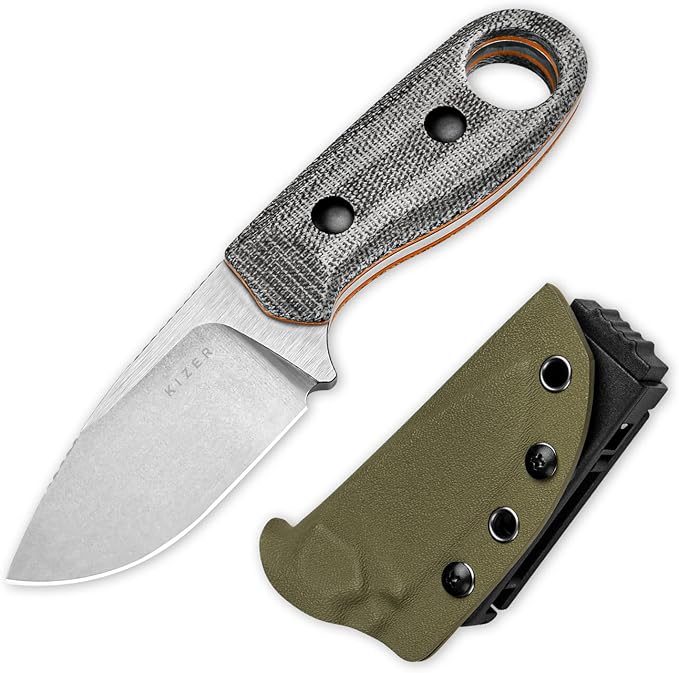 Kizer Beaver Fixed Blade Knife with Sheath 2.75 Nitro-V Steel Blade EDC Camping Knife with Black Micarta and Orange G10 Handle Small Bushcraft Survival Hunting Knives for Men Women 1078A2