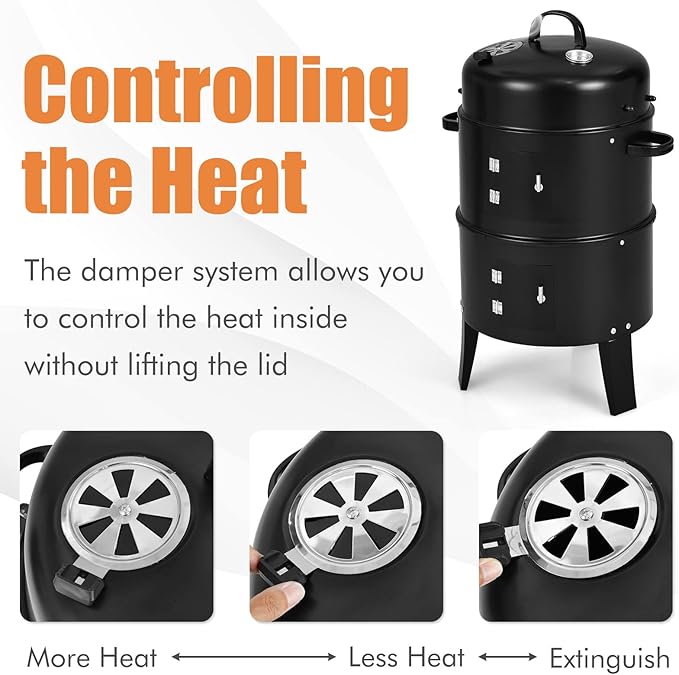 HAPPYGRILL 3-in-1 Charcoal Smoker Grill Outdoor Vertical Charcoal Smoker with Built-in Thermometer &amp Adjustable Vent System 2-Layer Separable BBQ Grills for Camping &amp Family Cooking
