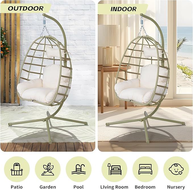 Hanging Egg Chair with Stand Outdoor Indoor Patio Rattan Swing Hammock Chairs with Washable Cushion 350lbs Capacity PE Wicker Swing Chair for Backyard Bedroom Garden (Cyan + White Cushion)