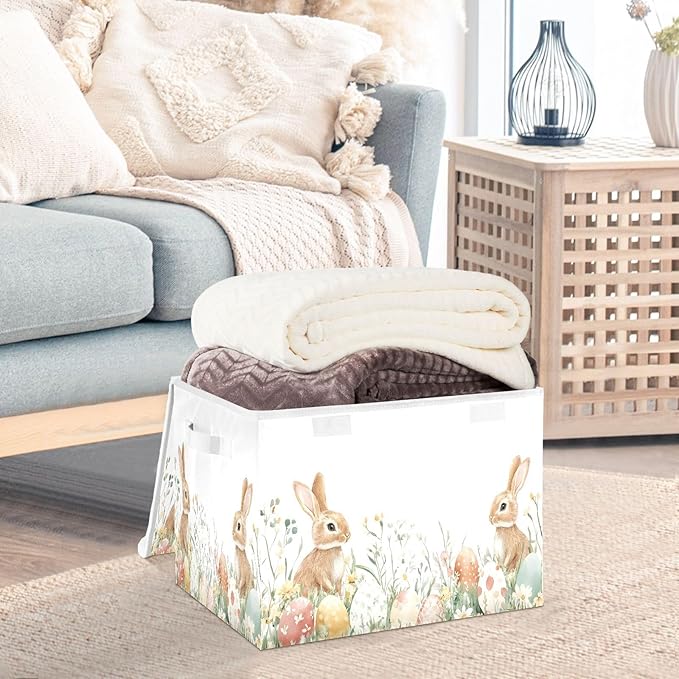 Christmas Storage Baskets with Lids Watercolor Cute Bunnies Easter Collapsible Bins Stackable Fabric Linen Baskets Closet Organizer Container 16.5x12.6x11.8