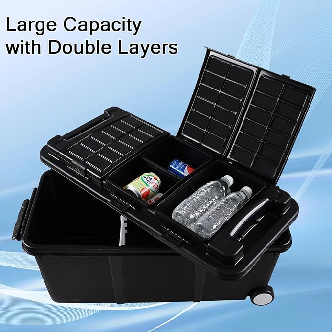 Sadstory 20 Gallon Plastic Wheeled Industrial Storage Tote Heavy-Duty Industrial Storage Toolbox with Compartment 2 Pakcs Black