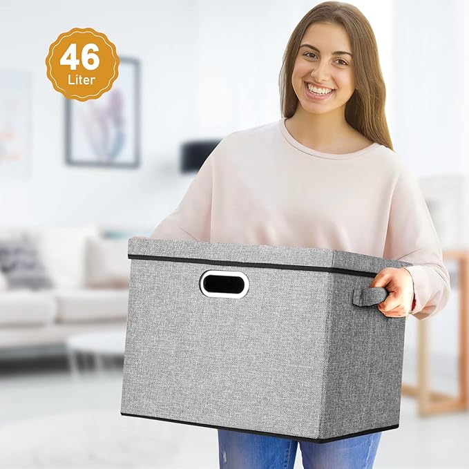 Lukeline Collapsible Storage Bins with Lids 2-Pack Foldable Fabric Linen Storage Boxes Cube Closet Organizer Storage Basket with Label for Home Bedroom Office(17 x 13 x 13 Gray)