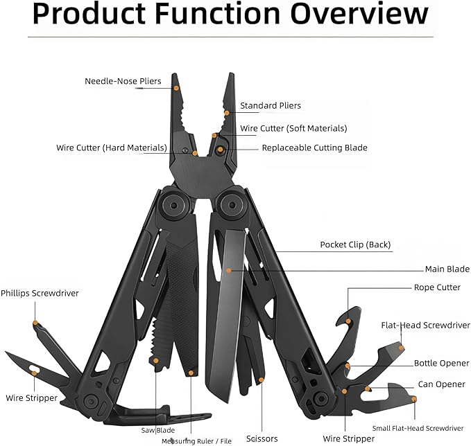 Multi Tool 19-in-1 Full-Size Lightweight EDC Multi-Purpose Pliers Household Screwdriver Camping Outdoor Gear Nylon Bag Tools Gifts for Guys Gifts for Hunters Men who have Everything (Black)
