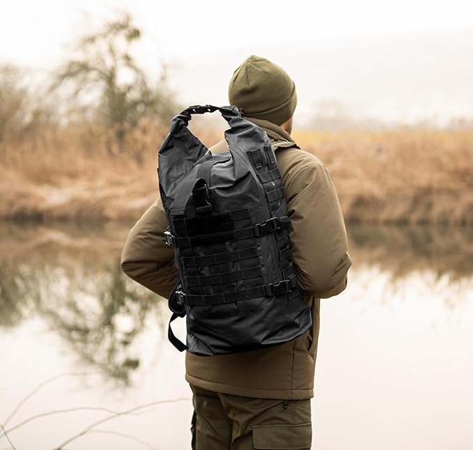 Mil-Tec Unisex 30L Tactical Seals Dry Bag - Secure Rugged Durable Waterproof Outdoor Kayaking Boating Camping Hiking MOLLE Backpack with Adjustable Wide Shoulder Straps &amp Padded Back Black