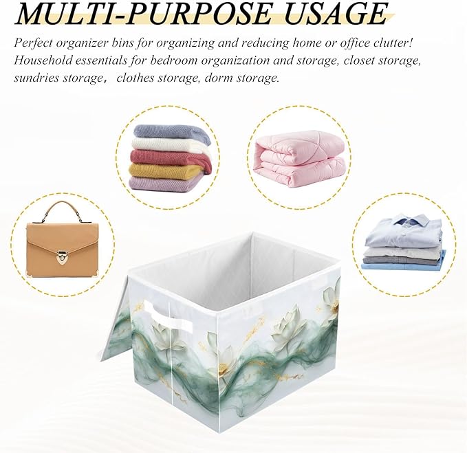 AIXIWAWA Lidded Storage Cube (Art White Flowers) Fabric Foldable Closet Bins with Flip Lid and Handles Organizer Basket Container 16.5 x 12.6 x 11.8 IN