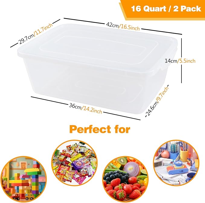 16 Quart Clear Latching Bin with Lid 2 Pack Multiuse Plastic Container Box