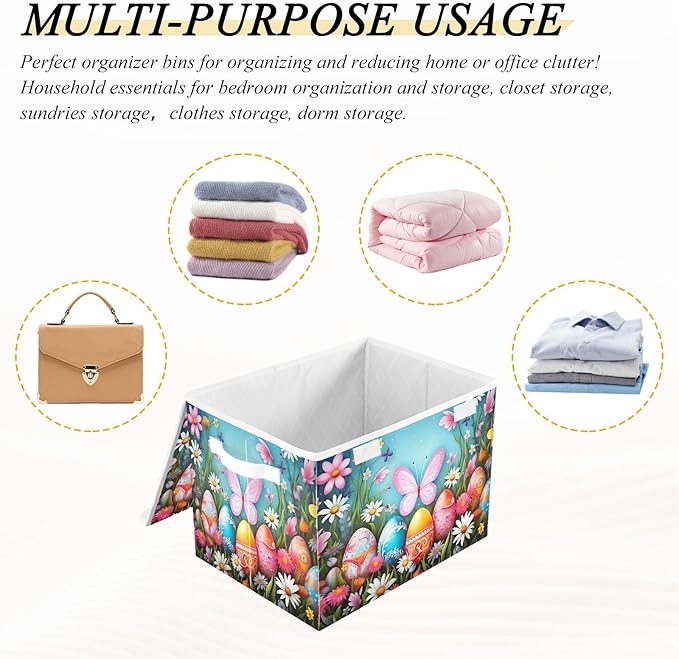 Christmas Storage Baskets with Lids Colorful Eggs and Butterfly Collapsible Bins Stackable Fabric Linen Baskets Closet Organizer Container 16.5x12.6x11.8