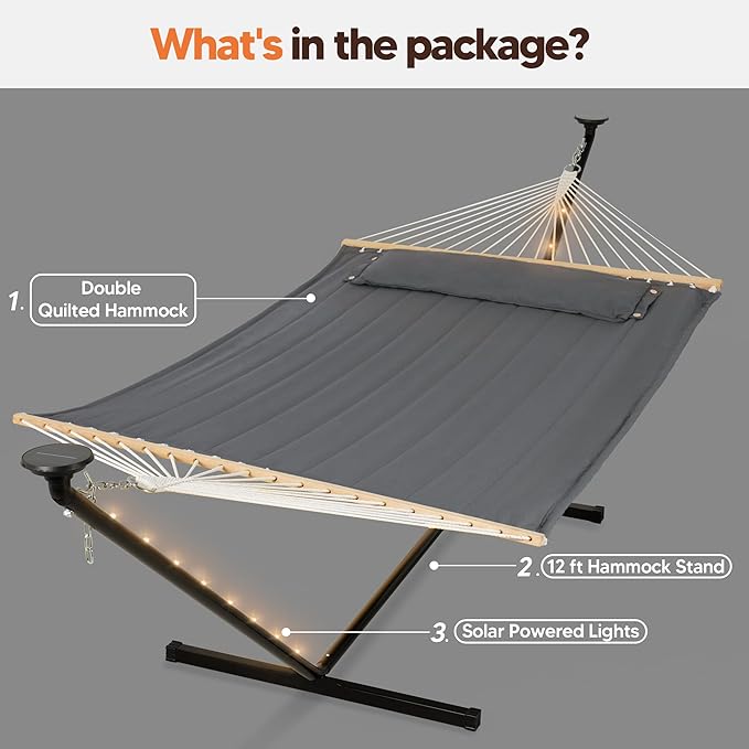 SUNCREAT Double Hammock with 12 ft Stand Solar Powered Lights Included Outdoor Hammock for Outside Dark Gray