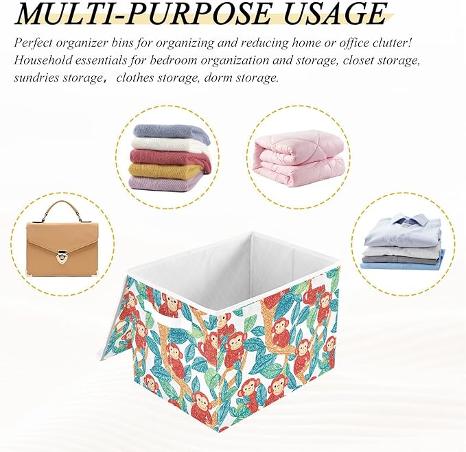 Storage Cube with Lid Cartoon Monkey Print 16.5×12.6×11.8 IN 1 Pack Collapsible Large Capacity Foldable Storage Basket Bin Organizer