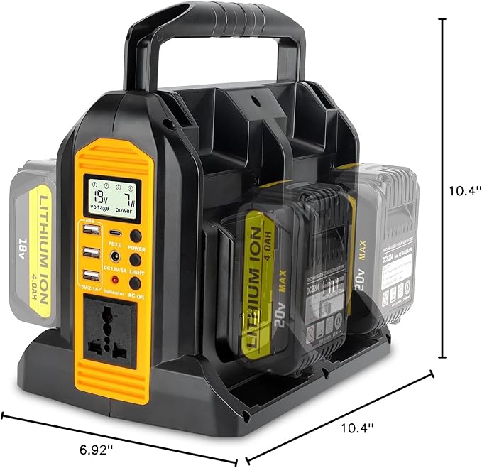 350W Power Inverter for Dewalt 20V 60V Li-ion Battery 4-Port 20V to 120V Pure Sine Wave Inverter with LED Light 3 USB-A Port 1 USB-C Port 1 DC Port Power Station for Outdoor Camping (Tool Only)