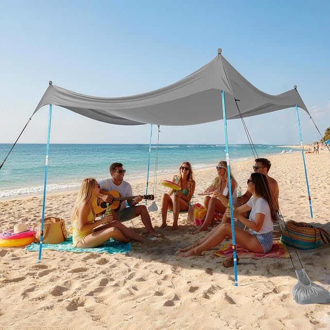 CROWN SHADES 10x10 Beach Tent Sun Shelter Easy Pop Up Beach Canopy Shade Portable Outdoor Carpas UPF50+ Includes 4 Poles Adjustable Aluminium Extra-Large Big Sand Shovel Grey