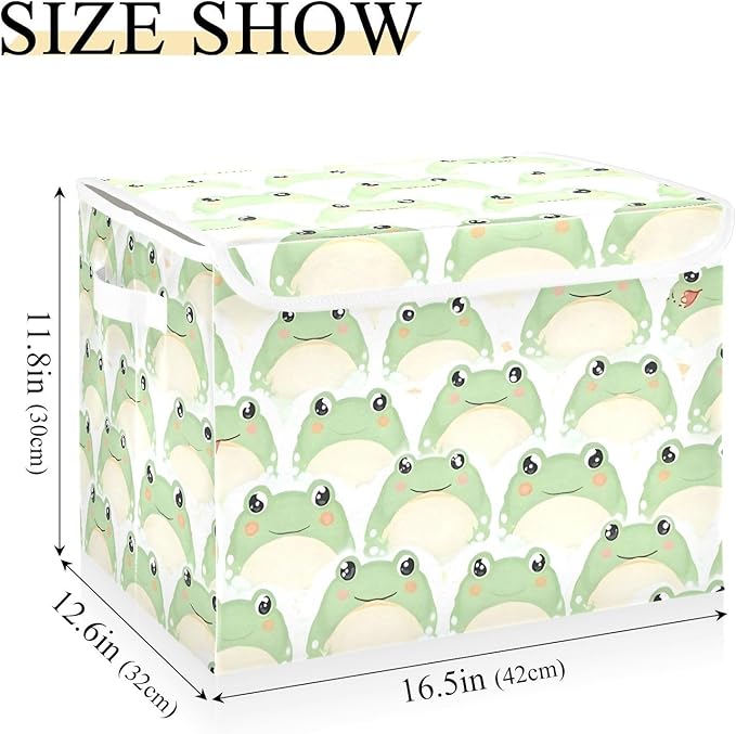 Frogs Storage Cube Bins Basket with Lid Collapsible Flip-top Fabric with Handle for Home Bedroom Closet Office 16.5×12.6×11.8 in