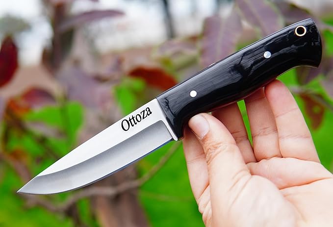 Ottoza Full Tang Bushcraft Knife with 1095 Carbon Steel Fixed Blade - Survival and Outdoor Camping Knife - Black Cross Draw Sheath and Cow Horn Handle 426