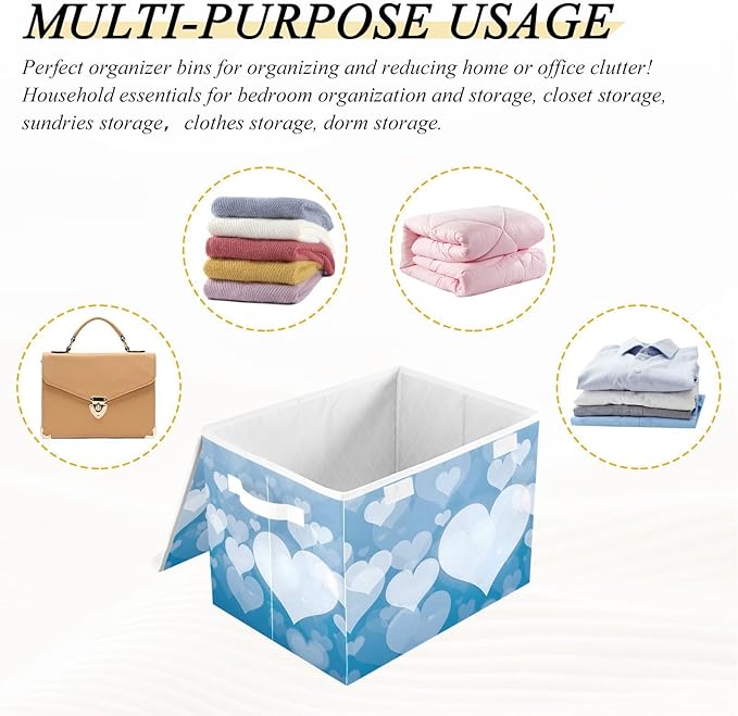 senya Valentines Baskets Collapsible Storage Bins with Lids Blue Abstract Heart Storage Boxes Clothes Baskets for Organizing