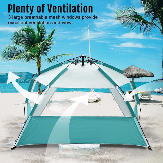 WhiteFang Deluxe Pop Up Beach Tent Sun Shade Shelter for 3-4/5-6 Person UV Protection Extendable Floor with 3 Ventilating Windows Plus Carrying Bag Stakes and Guy Lines