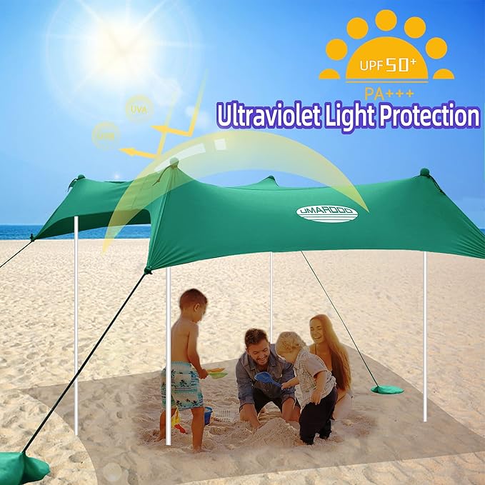 UMARDOO Family Beach Tent Canopy Sun Shade Portable Large Compact Beach Sun Shelter Easy Setup with Packable Bag for Outdoor Travel (Green 10X10 FT. 4Poles)