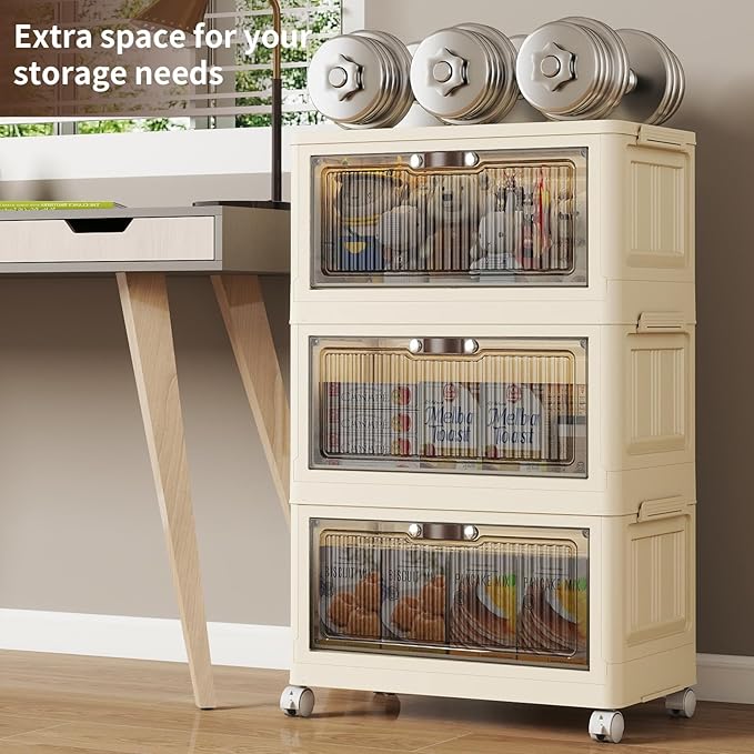 3 Tier - 48QT Storage Bins with Lids Collapsible Storage Bins with Doors and Wheels Plastic Storage Cabinet for Easy Storage and Organization for Living Room Office