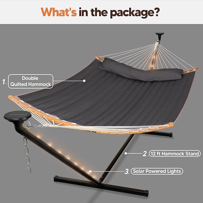 SUNCREAT Double Backyard Hammock with Solar Powered Lights for Outside 475 lbs Capacity Heavy Duty Self Standing Hammock with 12 ft Stand Dark Grey