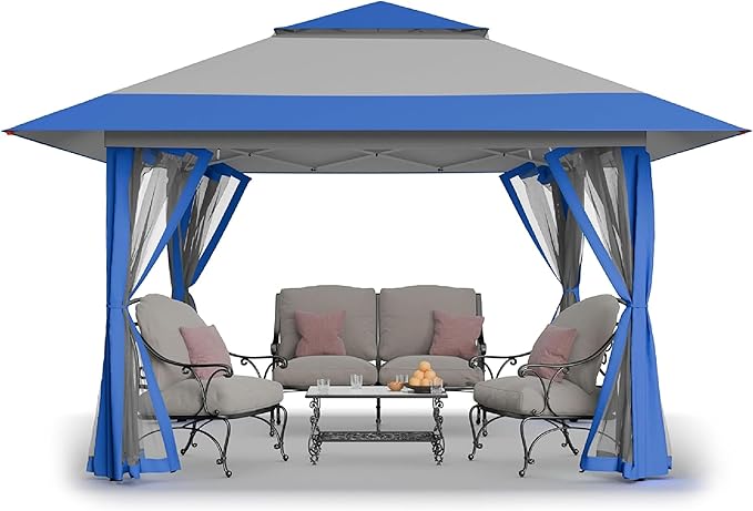 CROWN SHADES 13x13 Pop Up Gazebo Canopy Tent Gazebos on Clearance - Outdoor Gazebo for Backyard &amp Patio Furniture - Carpa Pop Up Tent with Wheeled STO-N-Go Cover Bag (Blue &amp Grey)