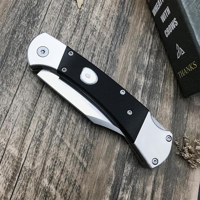 HUAAO Manually Operated Button-Lock Knife Folding Knife 440C Stainless Steel Blade Back lock G10 Handle with Leather Sheath EDC Pocket Knives for Men (Black)