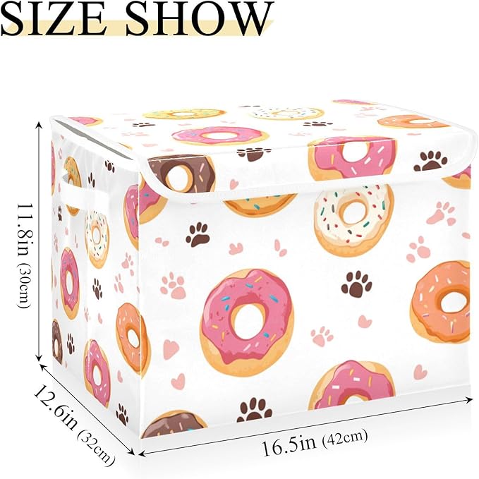 Collapsible Storage Bins with Lids Decorative Fabric Storage Cubes Closet Organizer and Storage Basket Boxes Containers for Clothes Box Chest Nursery Folding Rectangle Doughnuts Paw Prints Wh