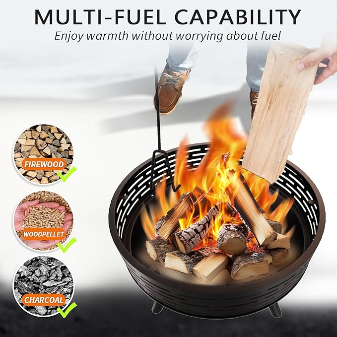 3-in-1 Fire Pit with Grill &amp Lid 23 Outdoor Fire Pit Table Cast Iron Wood Burning Firepit Heavy Duty Fire Bowl for Outside Patio Backyard Fireplaces Large BBQ Pit Table with Fire Poker