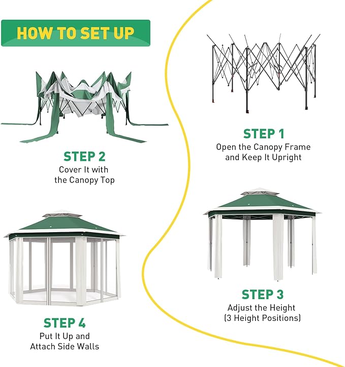 Pop-Up Gazebo 13 * 13 ft 6 Sided Canopy Tent with Mesh Windows &amp Portable Carry Bag Adjustable Tent Outdoor Pergola for Backyard &amp Patio Furniture (Green + Beige)