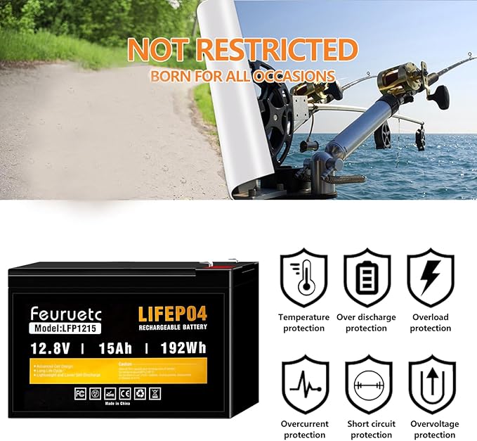 12V 15Ah Deep Cycle LiFePO4 Battery 3000+ Cycles Maintenance-Free Battery for Fish Finder Scooter Security System Solar System UPS etc Rechargeable Lithium Iron Phosphate