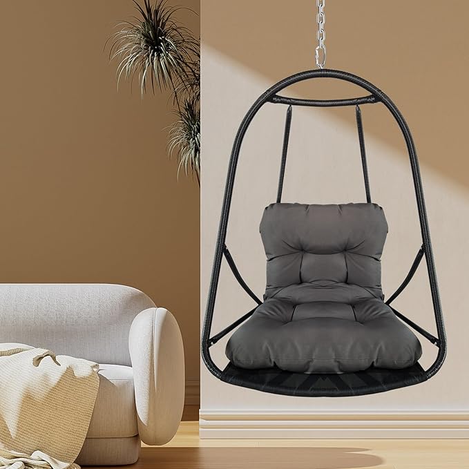 Without Stand Swing Egg Chair Indoor Outdoor Wicker Rattan Patio Basket Hanging Chair with C Type Bracket with Cushion and PillowPatio Wicker Folding Hanging Chair(Special Construction Cup Holder