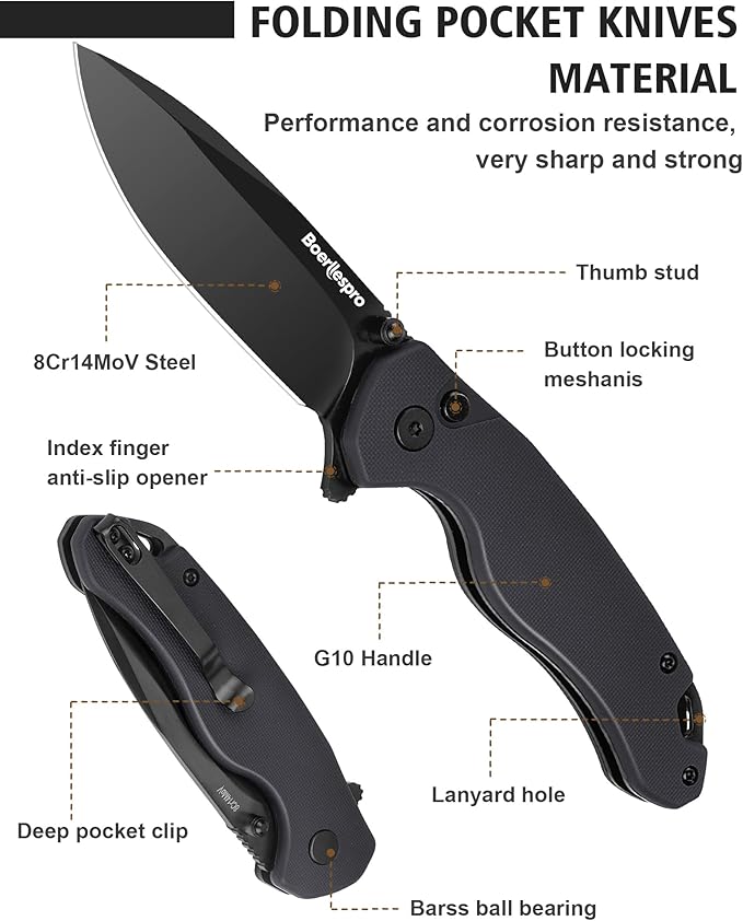 Pocket Knife – 2.99 8Cr14MoV Steel Blade G10 Handle | EDC Folding Knife with Pocket Clip for Men &amp Women | Sharp for Camping Fishing Hunting Tactical Use &amp Survival Hiking -Dark Gray