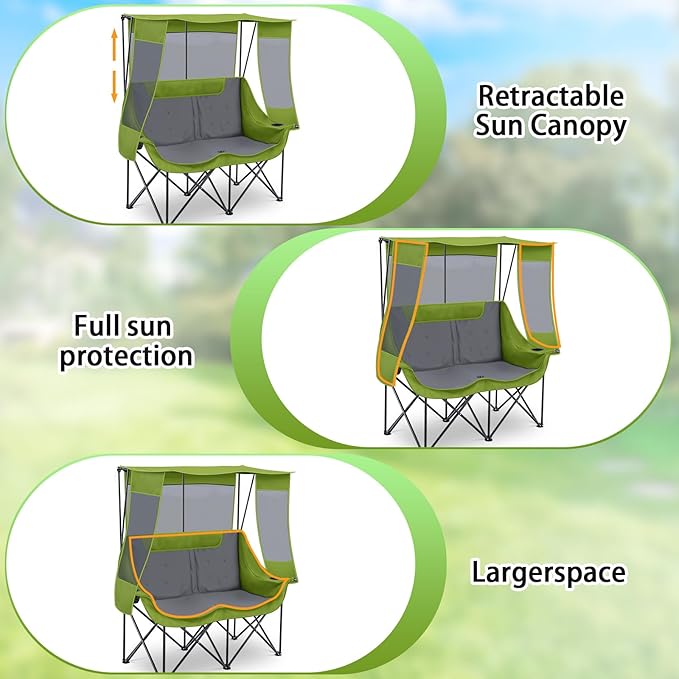 Teenyyou Double Camping Chair with Canopy Shade 660lbs Heavy Duty Beach Chair Portable Folding 2 Person Camping Loveseat with Cup Holder and Storage Bag for Lawn Beach Outdoor Sport(Geen and Grey)