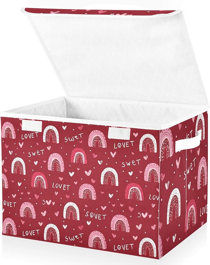 Valentine Hearts Rainbows Red Storage Box with Lid 1 PC Foldable Storage Bin with Lids Stackable Storage Bins Cube Closet Organizer Basket with Flip-Top Lid &amp Handles for Shoes Books Towels