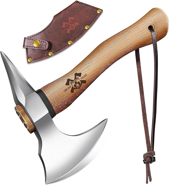 Grumpy Bear 11 Survival Axe Camping Hatchet – Forged High Carbon Steel Blade with Walnut Wood Handle – Shock-Absorbing Anti-Slip Grip – Ideal for Bushcraft Wood Splitting &amp Outdoor Adventures