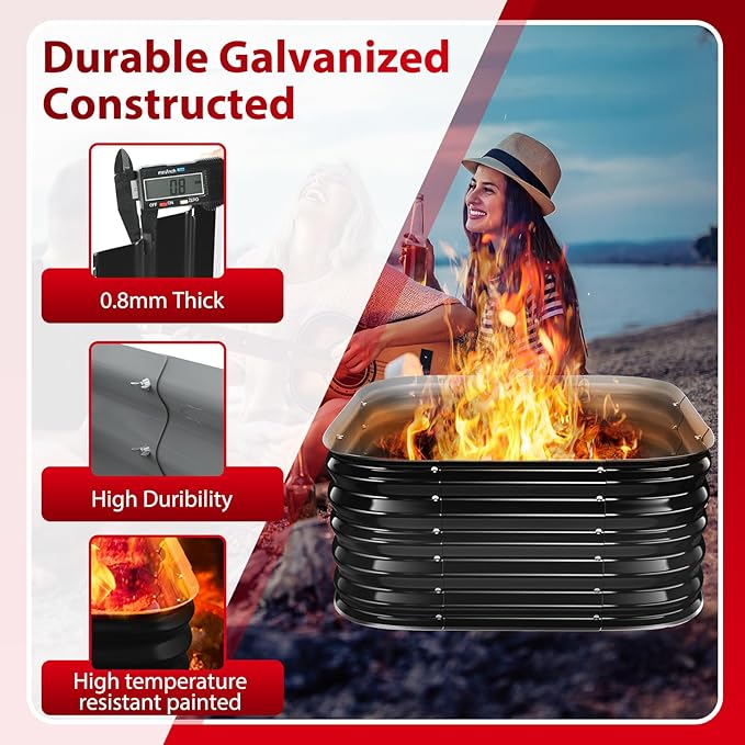 Height 16.5 Inch Square Galvanized Steel Fire Pit for Outside Heavy Duty Steel Fire Pit In-Ground for Backyard Camping Bonfire Flower Raised Garden Bed for Garden (2.3x2.3x1.5ft)