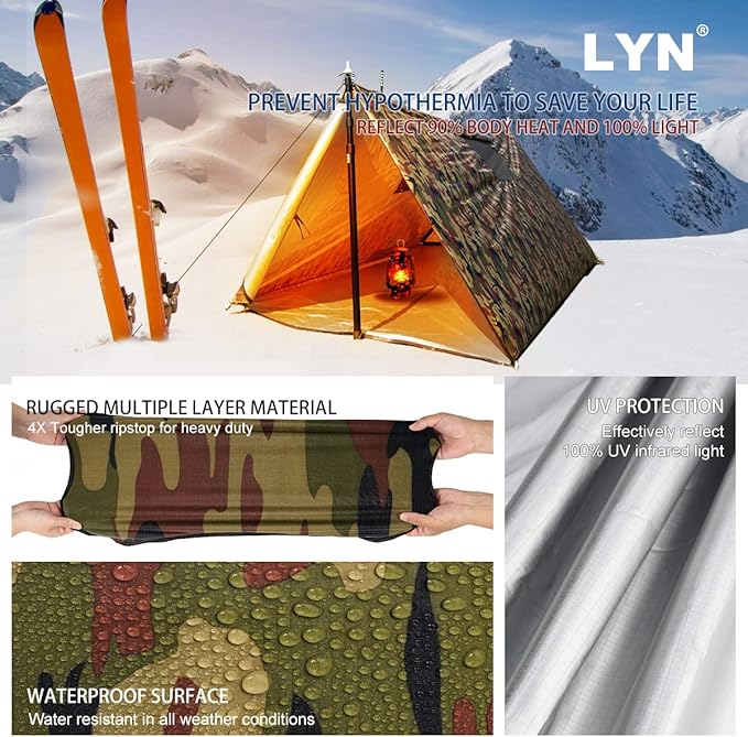 LYN Extra Large Zipper Reusable Survival Emergency Shelter TentThermal Waterproof Fireproof Lightweight Bugout with Paracord✚Stake for CampingFirst AidHiking&ampBushcraft