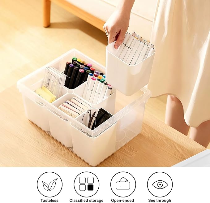 loobuu Plastic Storage Bins with Lids Art Craft Supply Organizer Box with Brush Pot Multipurpose Stackable Storage Containers for Organizing Tool Craft CrayonSewing(White)