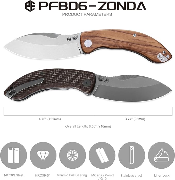 Petrified fish PFB06 Folding Knife3.74 14C28N Steel Stonewashed Blade G10 Handle Folding knife for EDC Camping Outdoor (Blue Stonewashed)