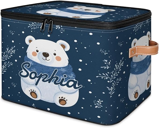 Custom Storage Basket with Name Personalized Storage Bins with Zipper Lid Foldable Fabric Storage Box Large capacity with Handle Snowflake White Bear