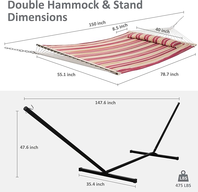 SUNCREAT Outdoor Hammock with Stand Two Person Quilted Fabric Hammock Swing with 12ft Steel Stand Red Stripes