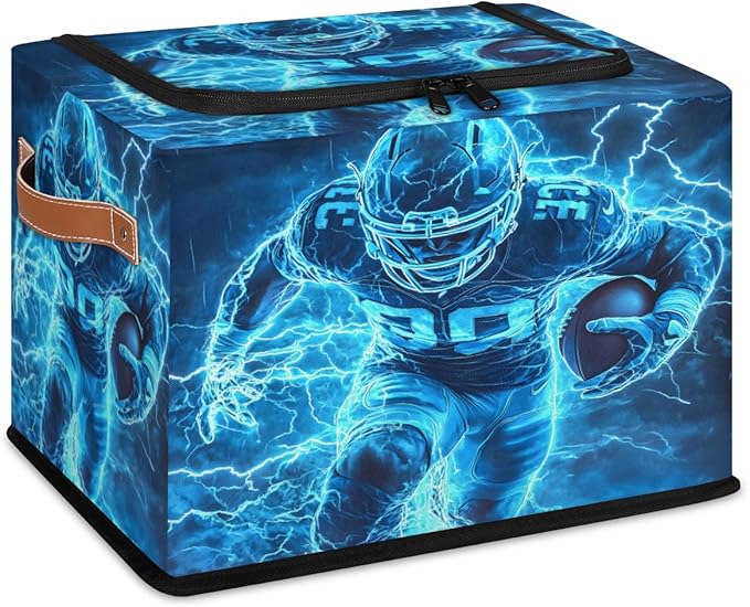 Football Player Storage Box with Lid American Sports Collapsible Storage Bins Baskets Cubes Closet Shelf Clothes Organizer Containers with PU Leather Handles